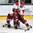 GRAND FORKS, NORTH DAKOTA - APRIL 24: Latvia's Renars Krastenbergs #17 and Denmark's Nikolaj Krag #11 battle for the puck during relegation round action at the 2016 IIHF Ice Hockey U18 World Championship. (Photo by Matt Zambonin/HHOF-IIHF Images)

